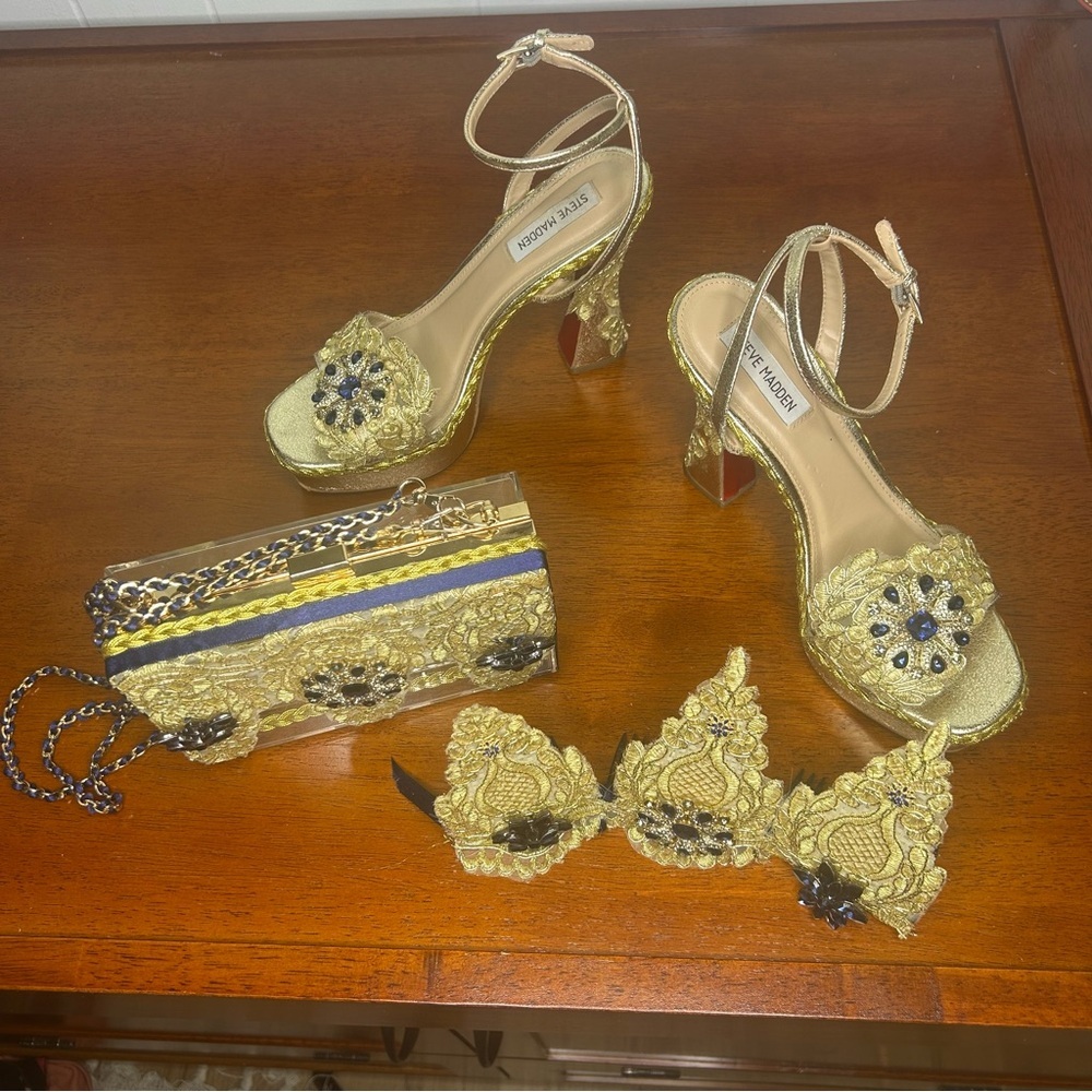 Steve Madden Gold and navy jeweled lace  Heels, clutch and headpiece handmade. 8